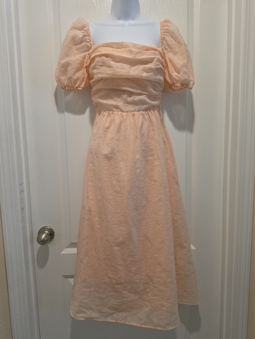 Anthropologie O.P.T Peach Palm Leaf Midi Dress Medium Puff Sleeve Cottagecore